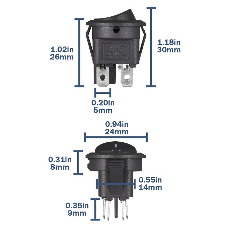 VEXUNGA Round Rocker Switch 4 Pin Circle Switches Square On Off 6A 250V 10A 125V AC Black Round Toggle Switch Square for Car Marine Boat (Pack of 5pcs) - Image 2
